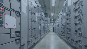 Industrial control room with operators monitoring SCADA systems on large screens, showcasing the critical OT environment where vulnerability management ensures operational continuity.