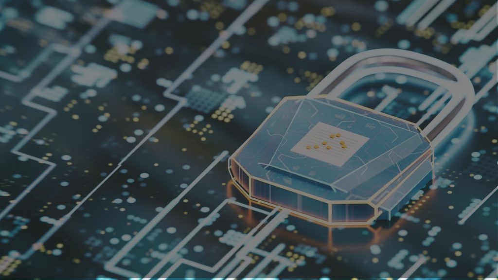 A stylized, digital image showing an industrial setting with factory machinery and a network of connected devices. A shield icon or padlock symbol is overlaid on the network, representing cybersecurity protection.