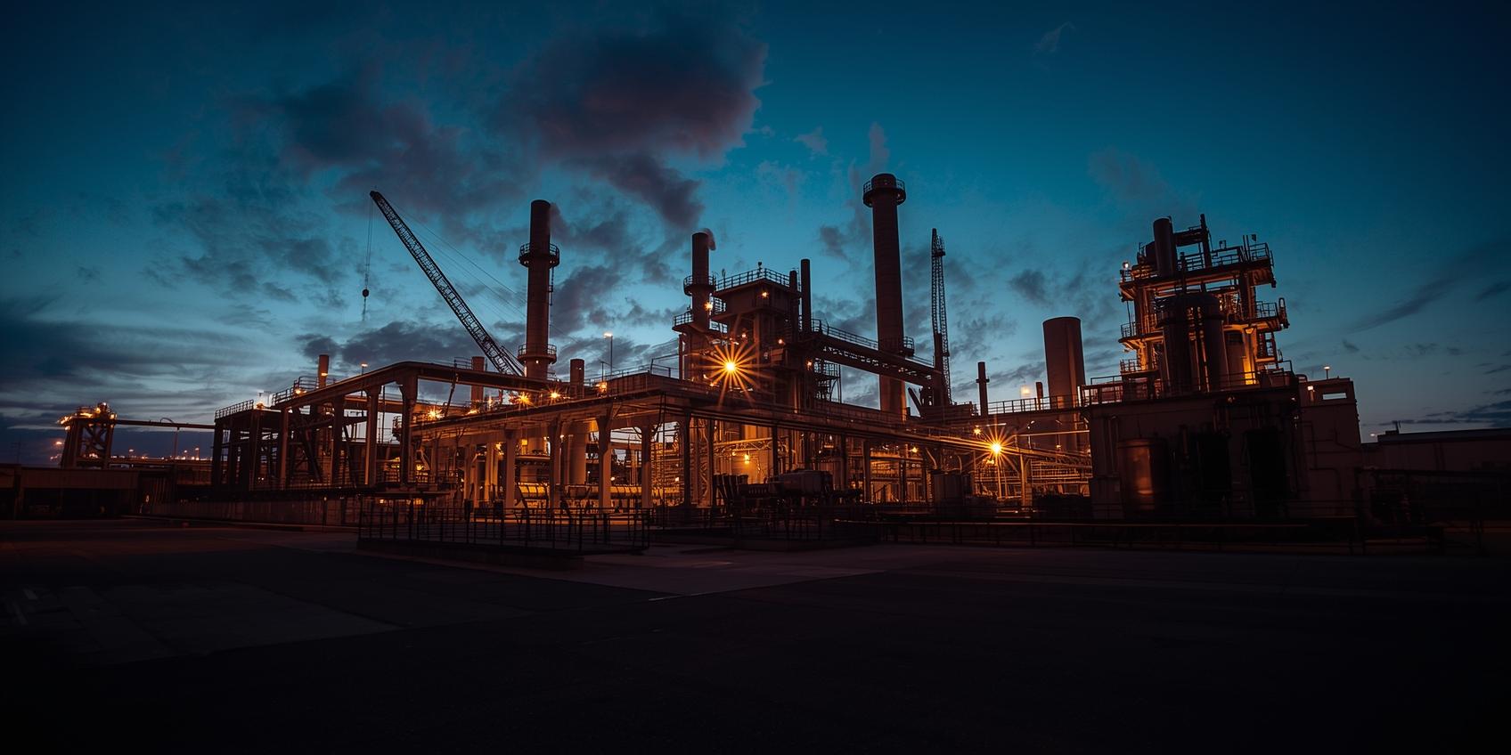 An illuminated industrial refinery at dusk