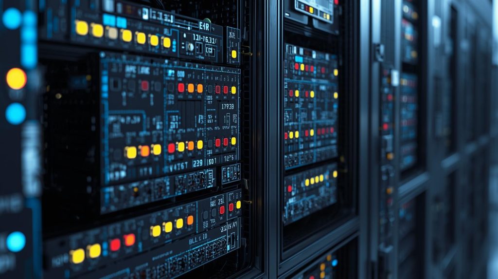 Close-up of industrial server racks with illuminated digital interfaces and control indicators in a secure OT environment.