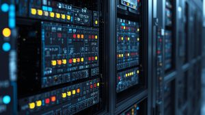 Close-up of industrial server racks with illuminated digital interfaces and control indicators in a secure OT environment.