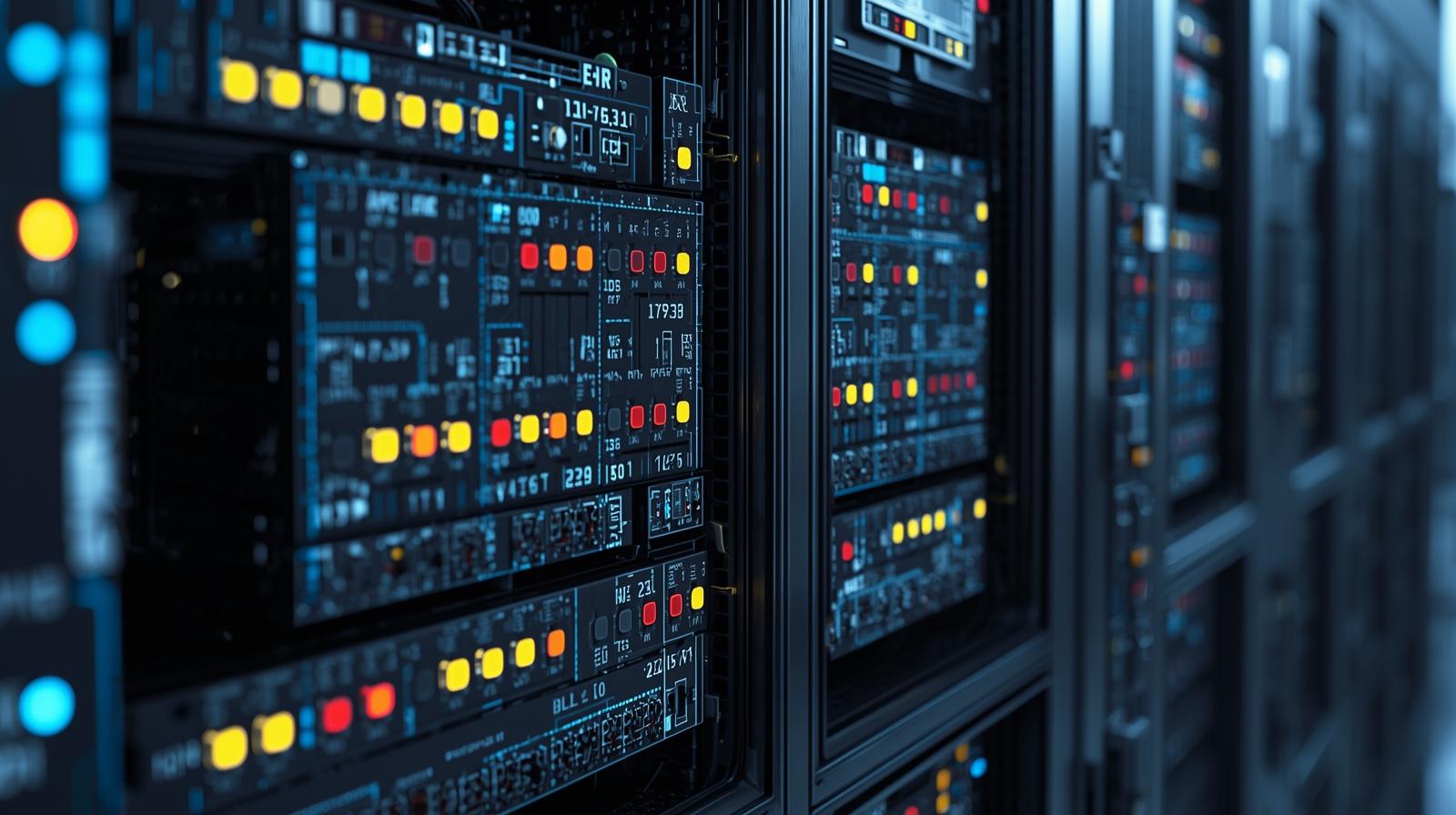 Close-up of industrial server racks with illuminated digital interfaces and control indicators in a secure OT environment.