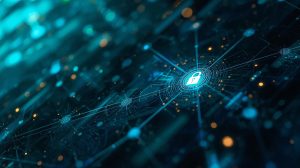 Digital cybersecurity network with a glowing padlock icon representing data protection, encryption, and secure systems.