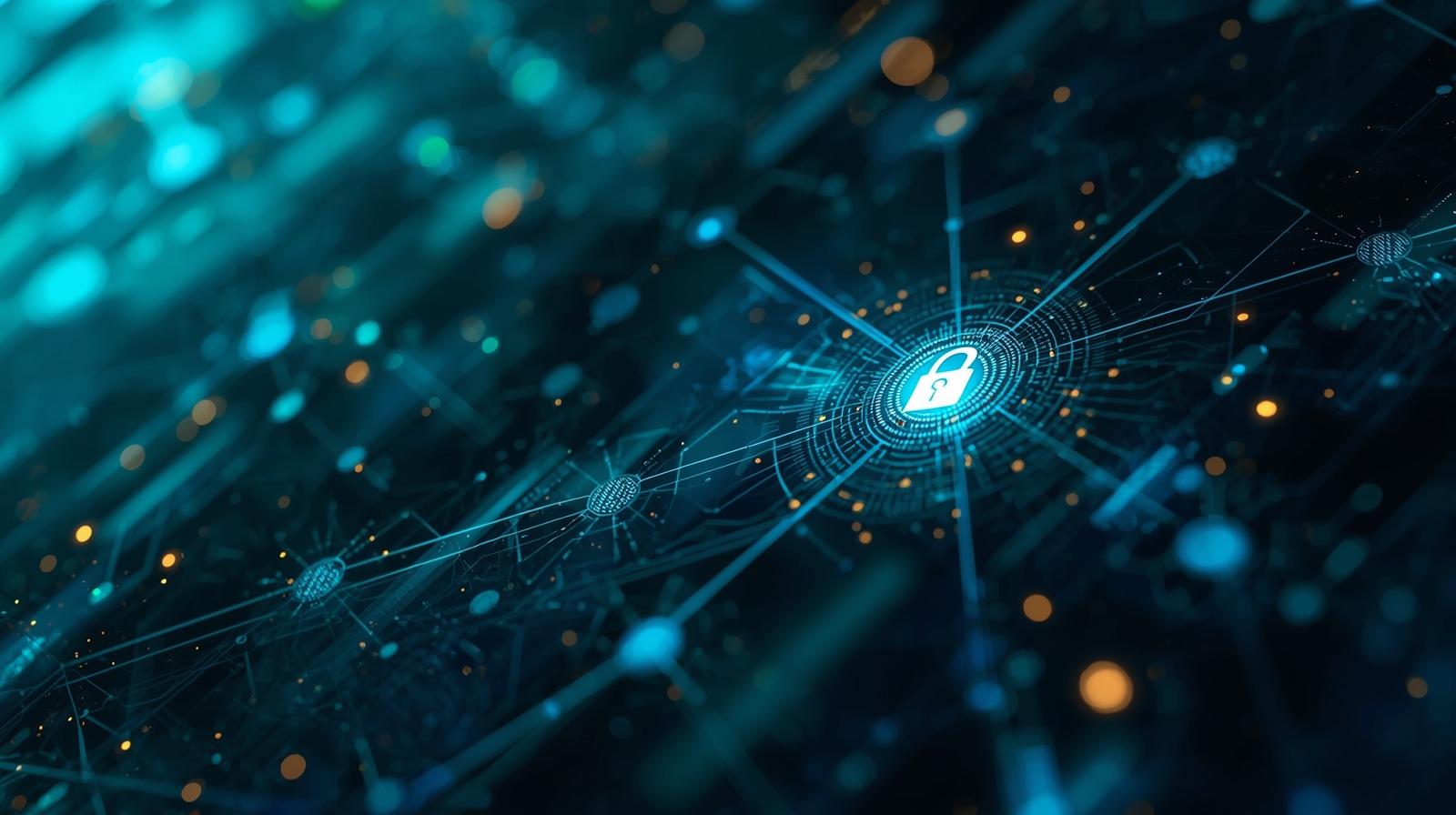 Digital cybersecurity network with a glowing padlock icon representing data protection, encryption, and secure systems.