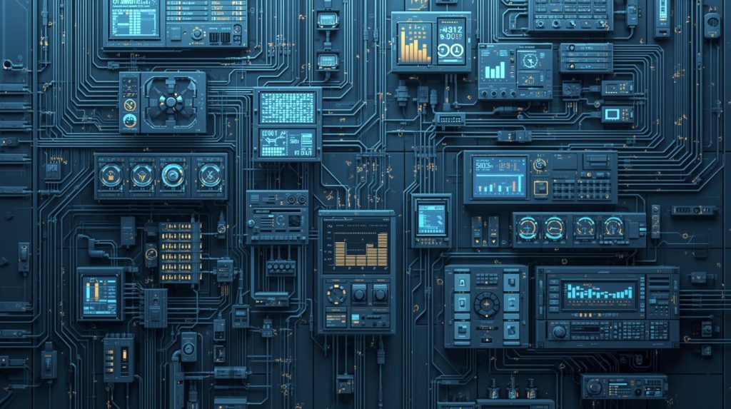 Visual representation of industrial control systems with interconnected panels, data displays, and control interfaces.