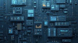 Visual representation of industrial control systems with interconnected panels, data displays, and control interfaces.