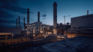 Industrial plant at night with multiple smokestacks, pipelines, and connected infrastructure representing complex operational technology environments.