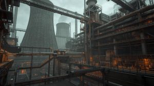 Industrial complex with cooling tower, pipes, and metal structures illuminated by warm orange lights in foggy conditions.