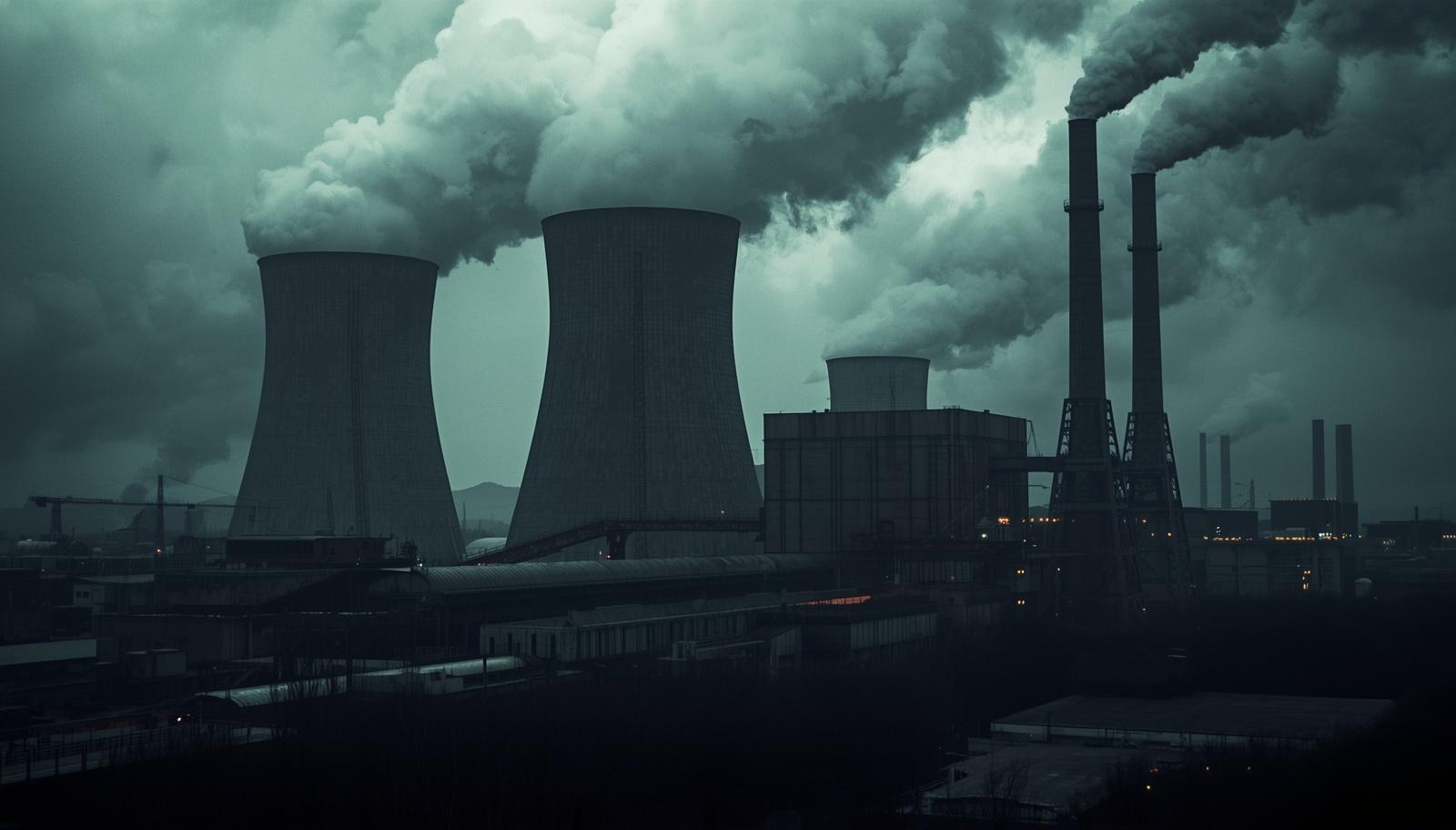 Industrial power plant with large cooling towers and smokestacks releasing dense smoke into an overcast sky, highlighting heavy industry and environmental impact.