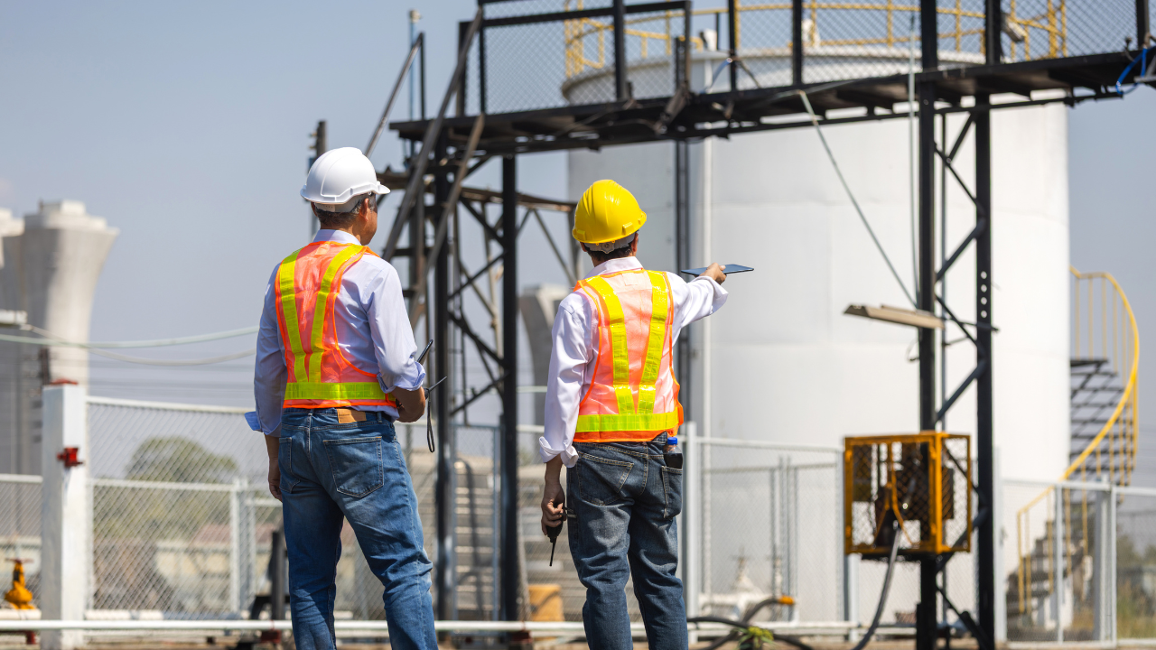Two OT engineers in safety vests and hard hats conducting an on-site assessment at an industrial facility with storage tanks and critical infrastructure equipment.