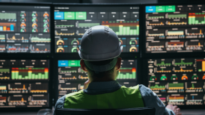 OT engineer in a hard hat monitoring multiple ICS dashboards showing real-time asset and process data