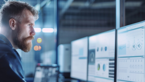 OT security operator monitoring industrial control system dashboards during incident response in control center environment