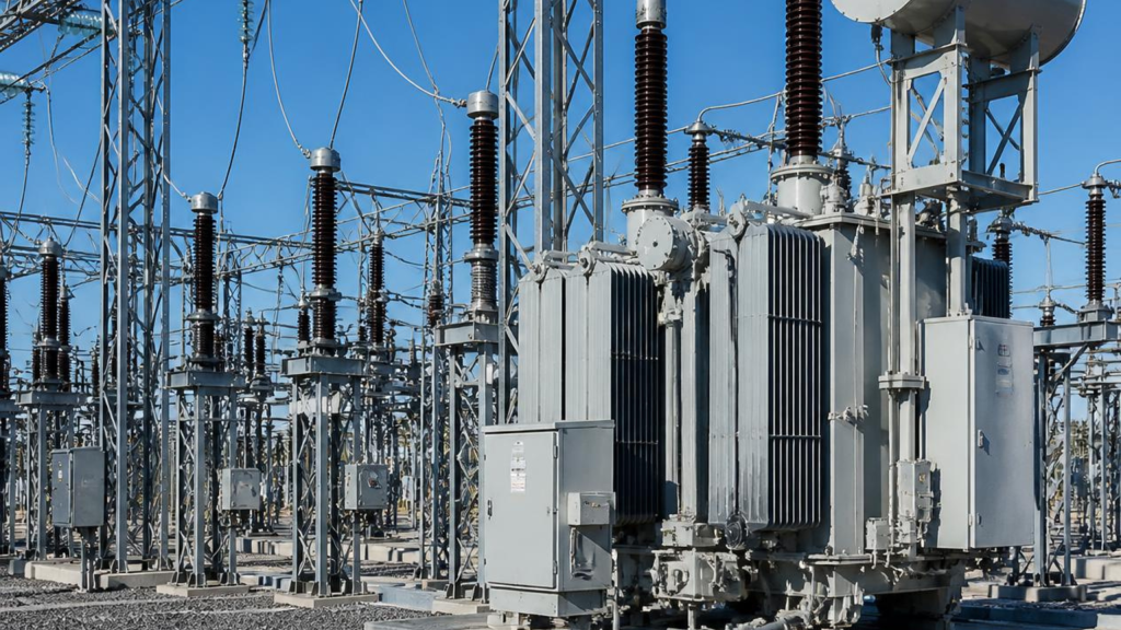 High voltage electrical substation with power transformers and insulators representing BES Cyber Asset environments subject to NERC CIP compliance and OT security requirements