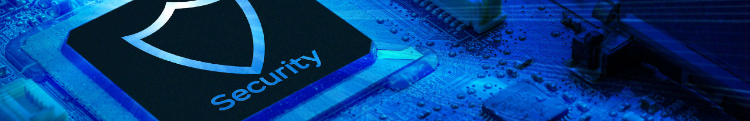 Glowing blue circuit board featuring a microchip stamped with a shield icon and the word Security, symbolizing OT asset protection