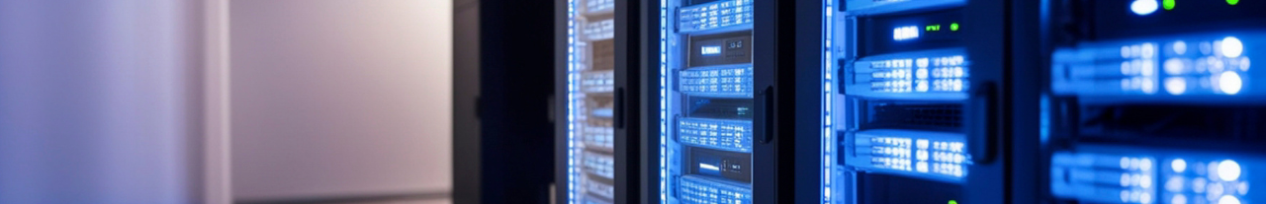 Row of illuminated blue server racks in an industrial data center room.