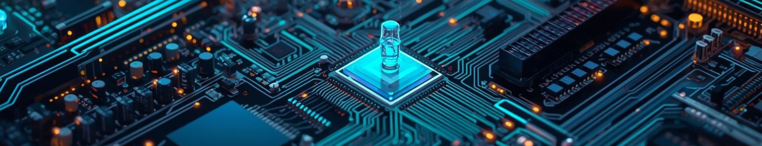 Detailed circuit board with glowing digital pathways symbolizing data flow, cybersecurity, and industrial control system technology.