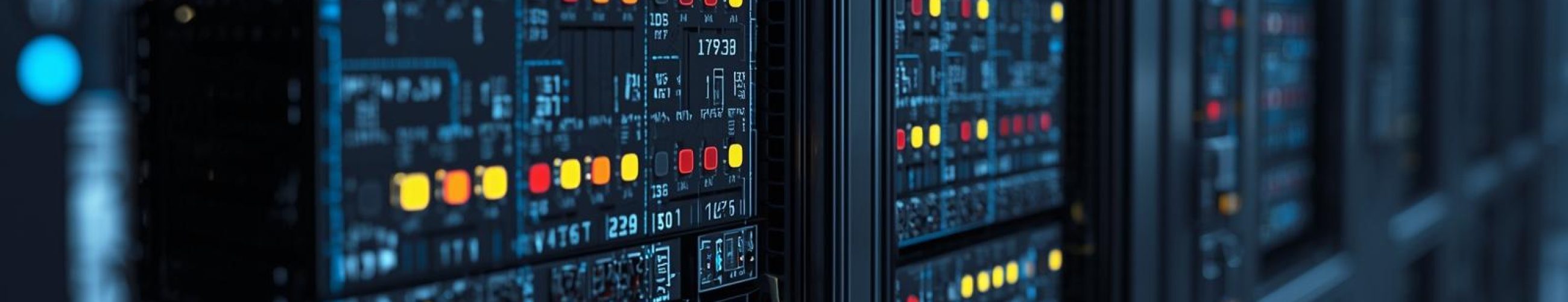 Close-up of industrial server racks with illuminated digital interfaces and control indicators in a secure OT environment.