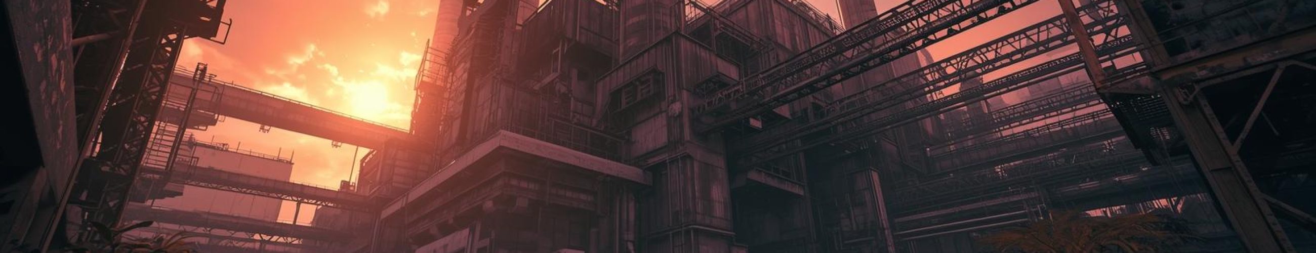 Industrial plant with tall smokestacks and processing structures at sunset, surrounded by vegetation.