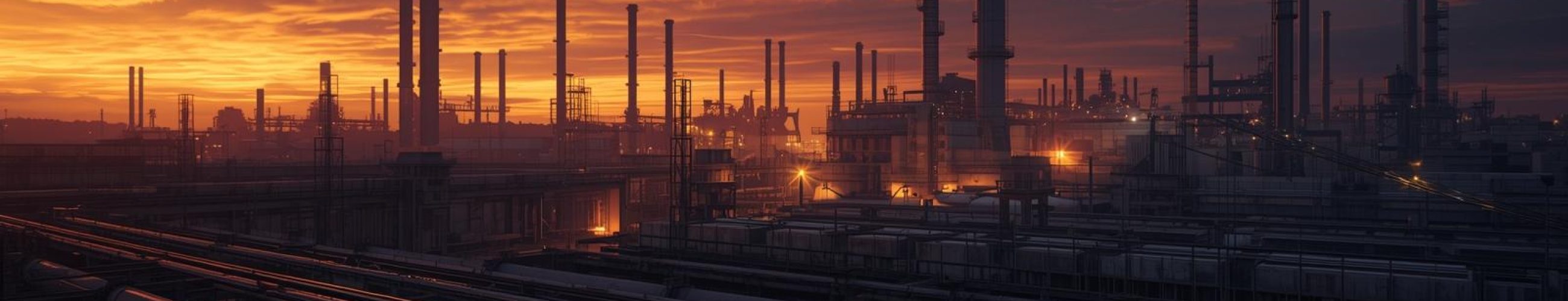 Industrial refinery at sunset with pipelines and smokestacks, representing complex OT infrastructure in energy and manufacturing sectors.
