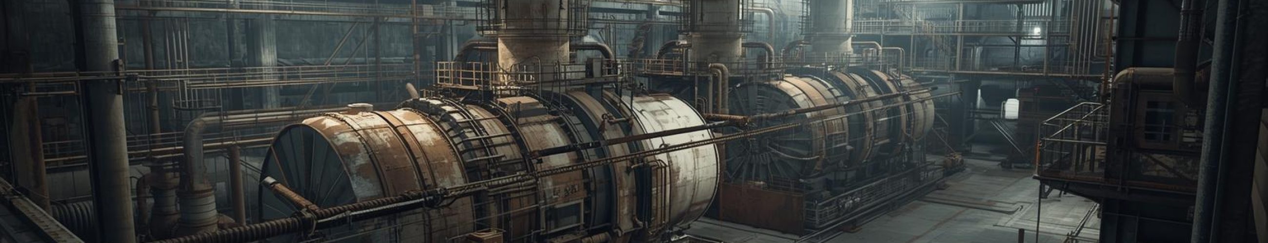 Large industrial processing hall with massive cylindrical reactors, pipes, and steel walkways under bright overhead lighting.
