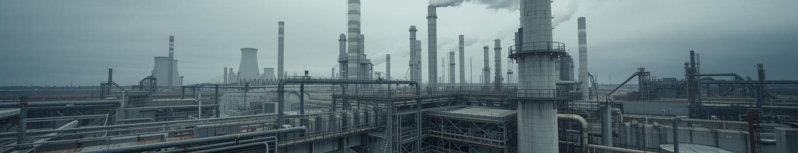 Expansive industrial refinery complex with tall smokestacks, pipelines, and smoke rising into a cloudy grey sky.