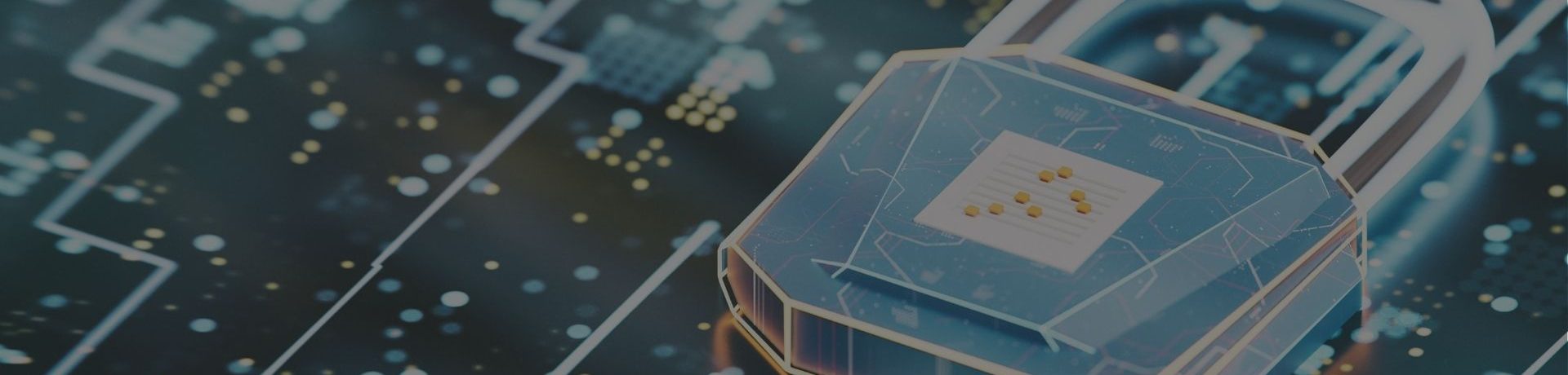 A stylized, digital image showing an industrial setting with factory machinery and a network of connected devices. A shield icon or padlock symbol is overlaid on the network, representing cybersecurity protection.